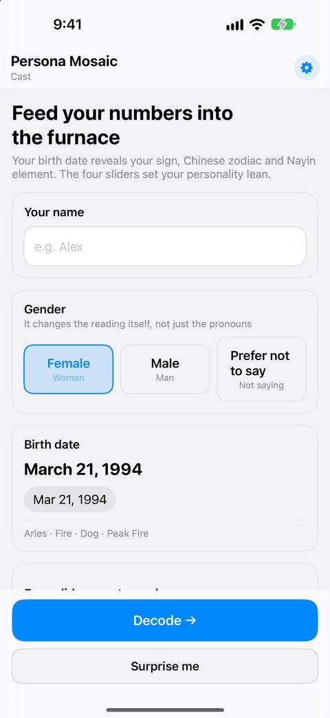 Casting screen: birth date, zodiac and four personality sliders
