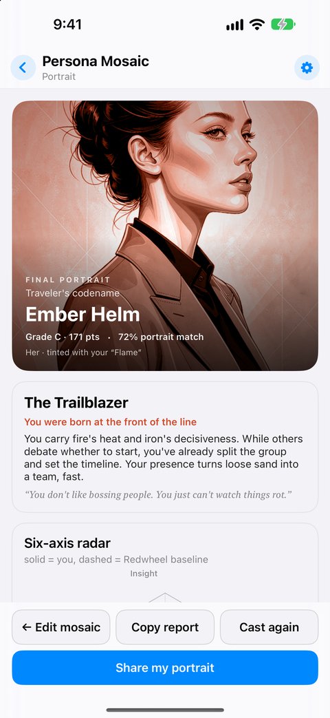 Portrait screen: the resolved portrait with six-axis radar and colour composition
